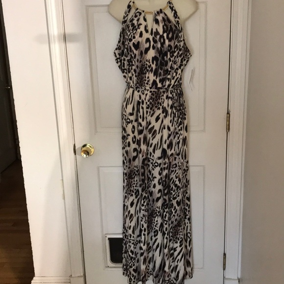 Sandra Darren size 12 Ivory & black Leopard print maxi dress high front slit NWT - Picture 1 of 15